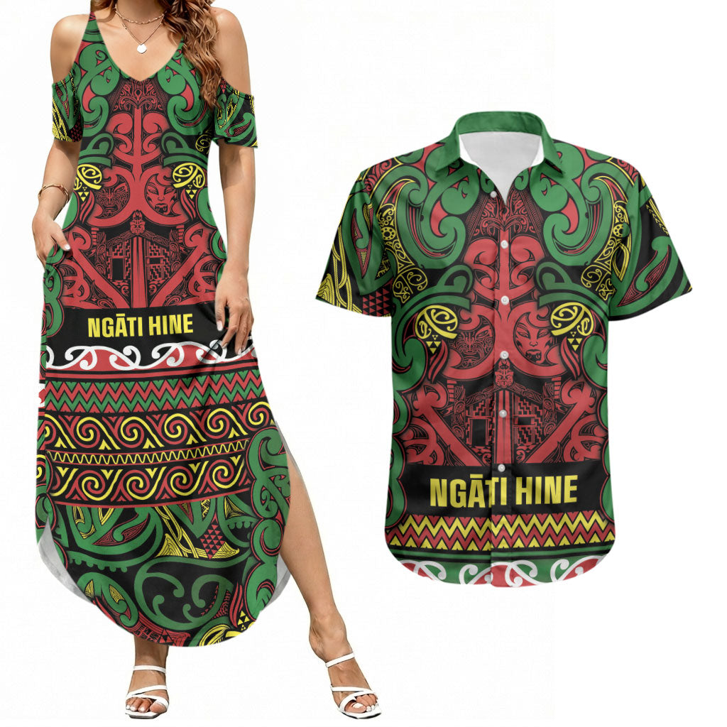 Aotearoa Iwi Ngati Hine Couples Matching Summer Maxi Dress and Hawaiian Shirt Maori Wharenui House Tribal Pattern