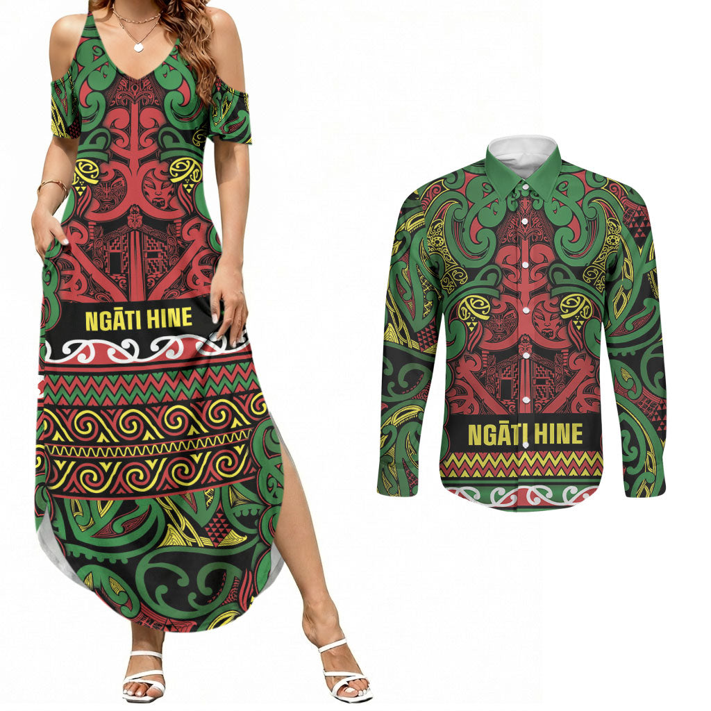 Aotearoa Iwi Ngati Hine Couples Matching Summer Maxi Dress and Long Sleeve Button Shirt Maori Wharenui House Tribal Pattern