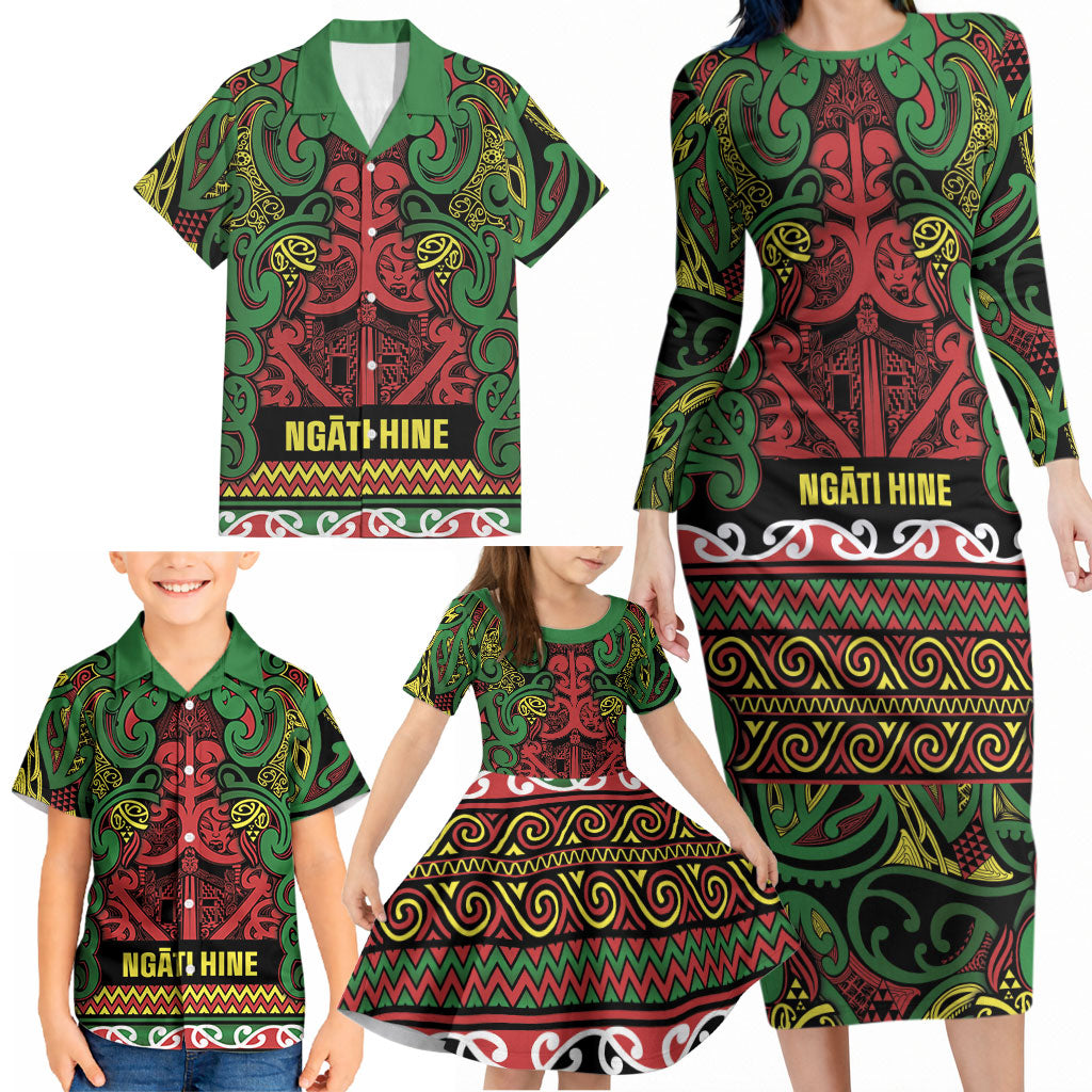 Aotearoa Iwi Ngati Hine Family Matching Long Sleeve Bodycon Dress and Hawaiian Shirt Maori Wharenui House Tribal Pattern