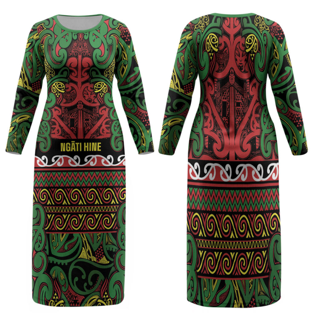 Aotearoa Iwi Ngati Hine Family Matching Long Sleeve Bodycon Dress and Hawaiian Shirt Maori Wharenui House Tribal Pattern