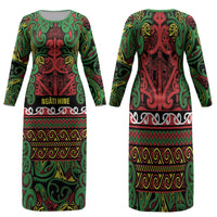 Aotearoa Iwi Ngati Hine Family Matching Long Sleeve Bodycon Dress and Hawaiian Shirt Maori Wharenui House Tribal Pattern