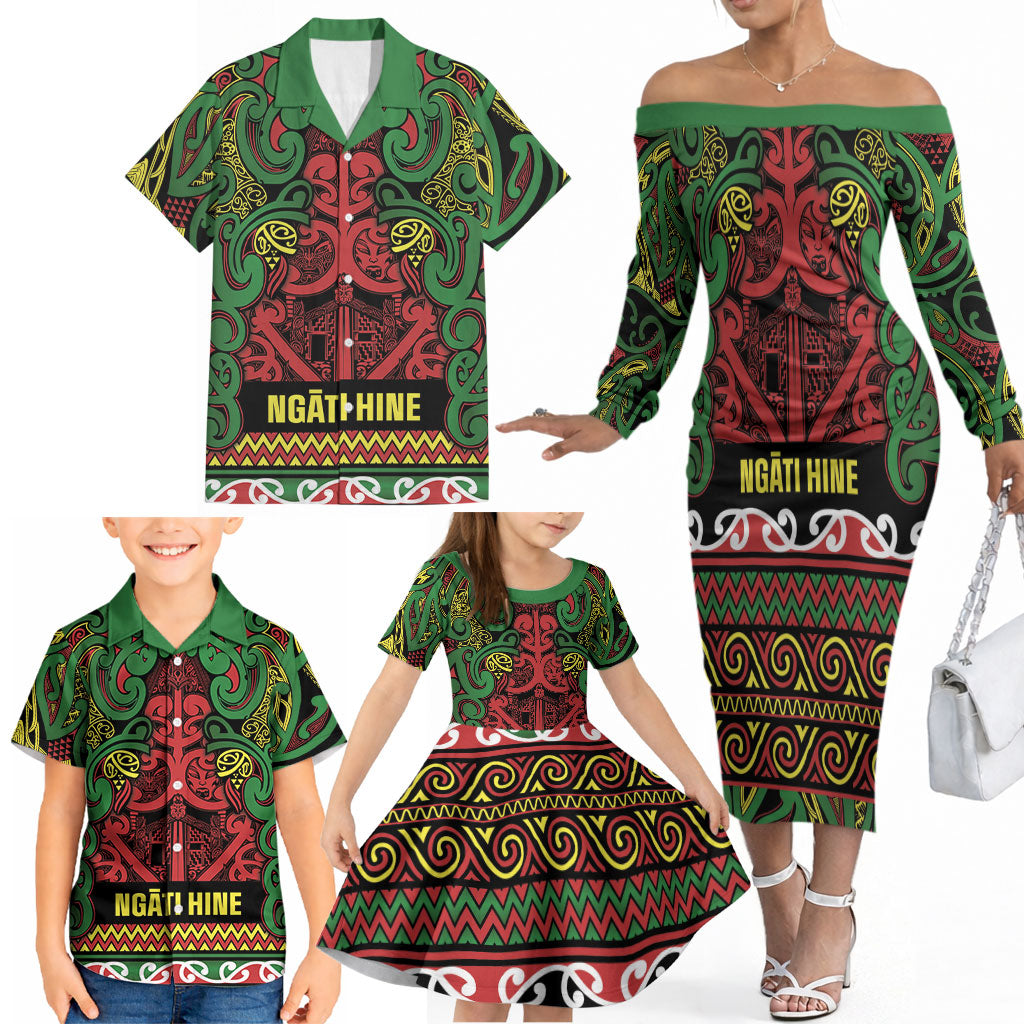 Aotearoa Iwi Ngati Hine Family Matching Off The Shoulder Long Sleeve Dress and Hawaiian Shirt Maori Wharenui House Tribal Pattern