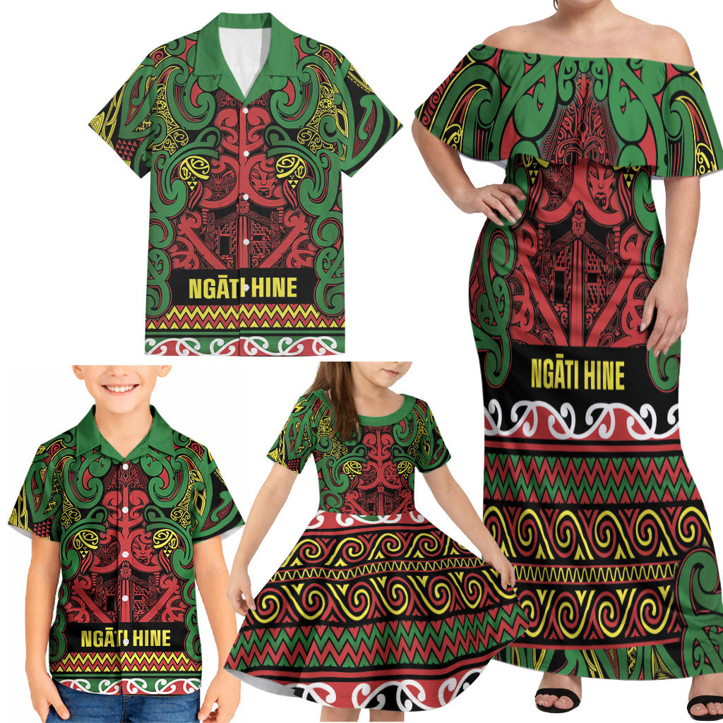Aotearoa Iwi Ngati Hine Family Matching Off Shoulder Maxi Dress and Hawaiian Shirt Maori Wharenui House Tribal Pattern