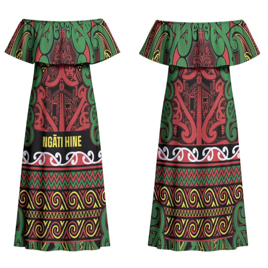 Aotearoa Iwi Ngati Hine Family Matching Off Shoulder Maxi Dress and Hawaiian Shirt Maori Wharenui House Tribal Pattern