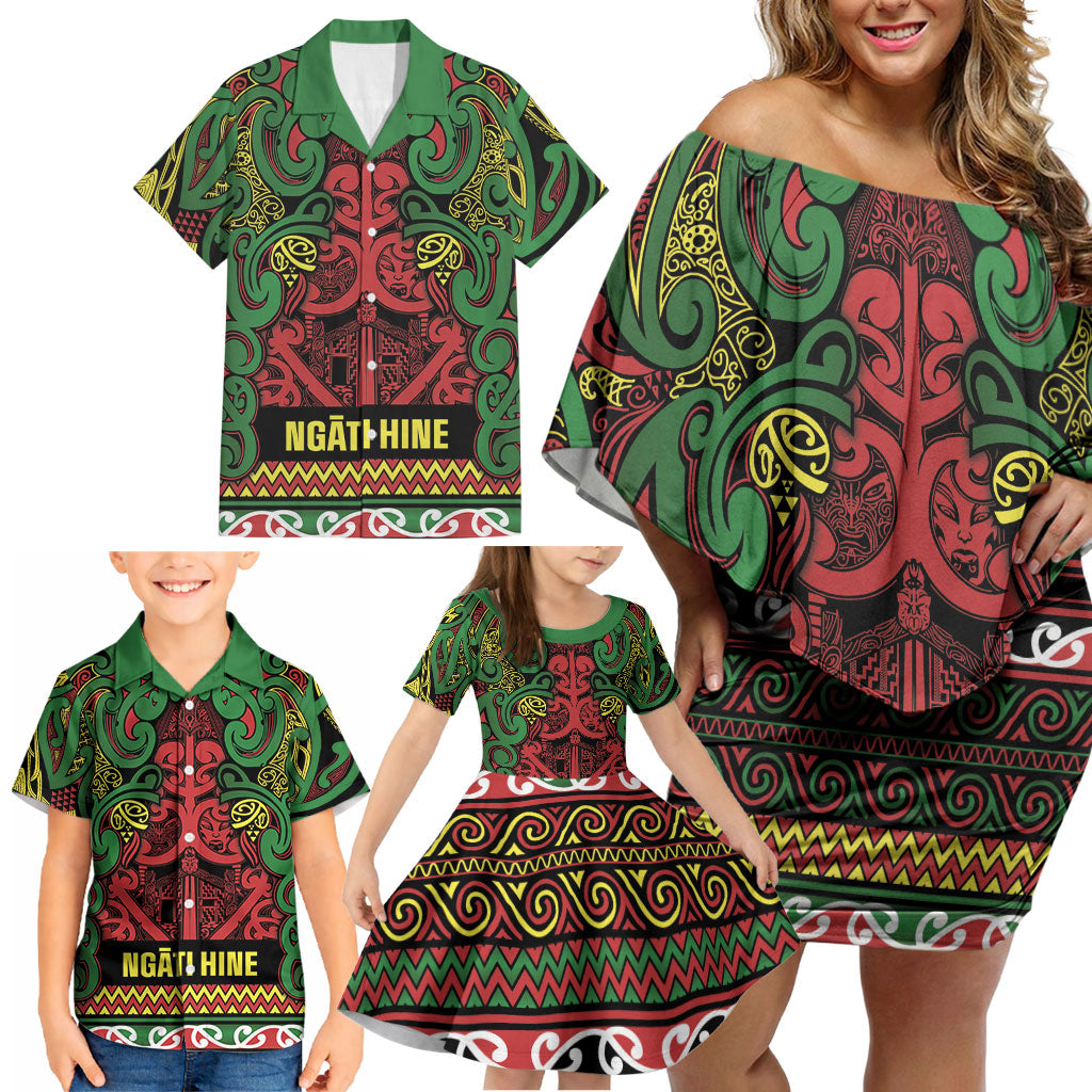 Aotearoa Iwi Ngati Hine Family Matching Off Shoulder Short Dress and Hawaiian Shirt Maori Wharenui House Tribal Pattern