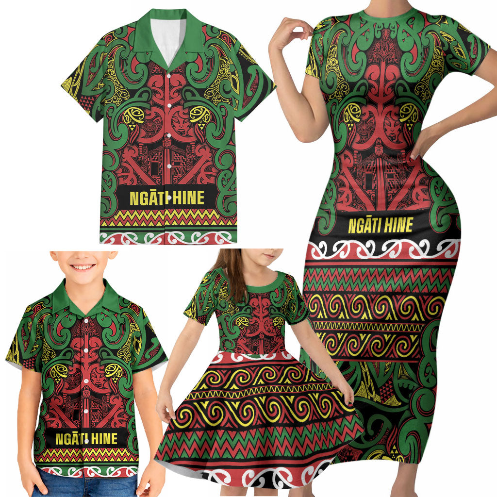 Aotearoa Iwi Ngati Hine Family Matching Short Sleeve Bodycon Dress and Hawaiian Shirt Maori Wharenui House Tribal Pattern
