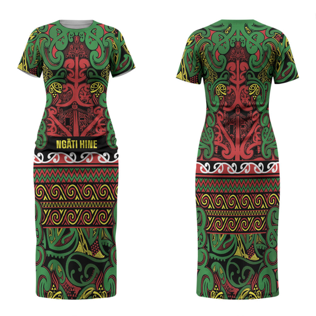 Aotearoa Iwi Ngati Hine Family Matching Short Sleeve Bodycon Dress and Hawaiian Shirt Maori Wharenui House Tribal Pattern