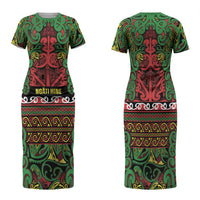 Aotearoa Iwi Ngati Hine Family Matching Short Sleeve Bodycon Dress and Hawaiian Shirt Maori Wharenui House Tribal Pattern