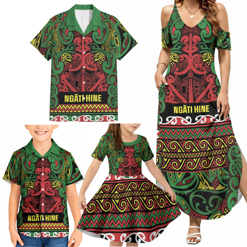 Aotearoa Iwi Ngati Hine Family Matching Summer Maxi Dress and Hawaiian Shirt Maori Wharenui House Tribal Pattern