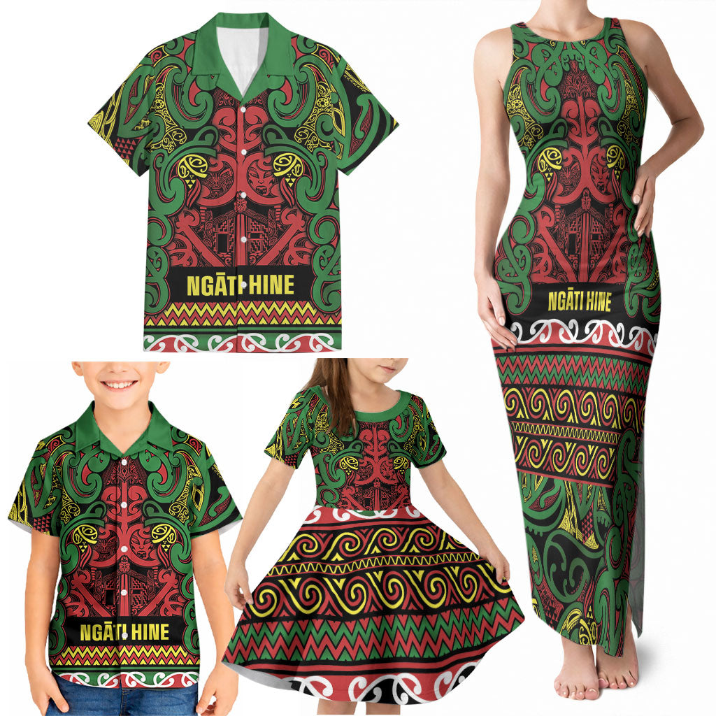 Aotearoa Iwi Ngati Hine Family Matching Tank Maxi Dress and Hawaiian Shirt Maori Wharenui House Tribal Pattern