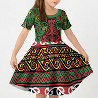 Aotearoa Iwi Ngati Hine Kid Short Sleeve Dress Maori Wharenui House Tribal Pattern