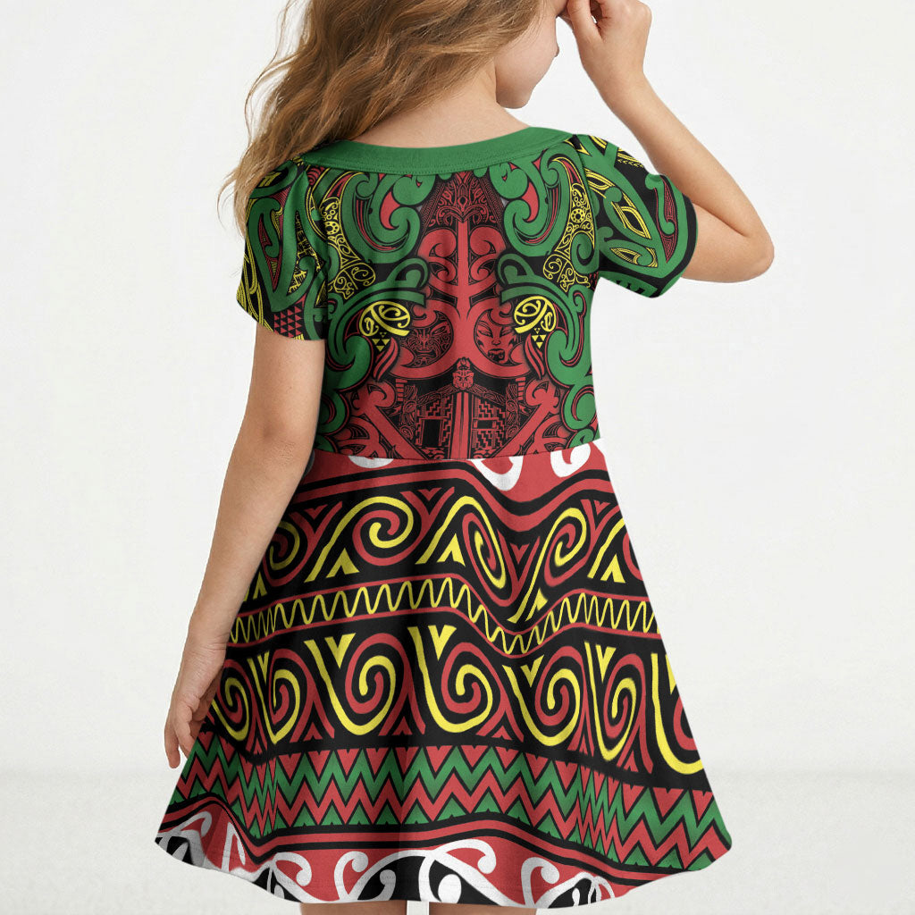 Aotearoa Iwi Ngati Hine Kid Short Sleeve Dress Maori Wharenui House Tribal Pattern