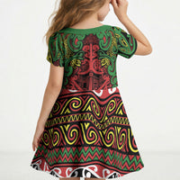 Aotearoa Iwi Ngati Hine Kid Short Sleeve Dress Maori Wharenui House Tribal Pattern