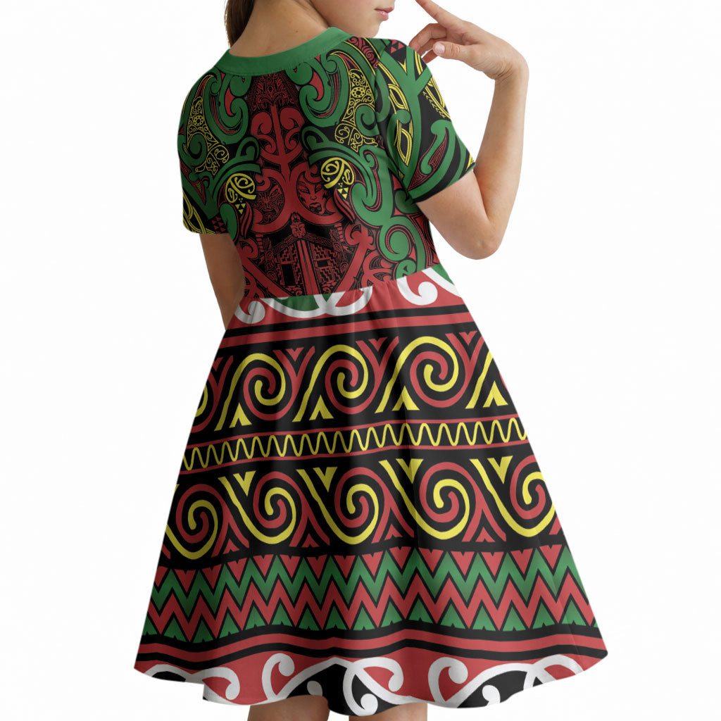 Aotearoa Iwi Ngati Hine Kid Short Sleeve Dress Maori Wharenui House Tribal Pattern