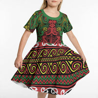 Aotearoa Iwi Ngati Hine Kid Short Sleeve Dress Maori Wharenui House Tribal Pattern