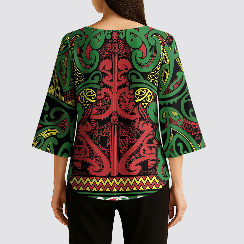 Aotearoa Iwi Ngati Hine Kimono Sleeve Blouse Maori Wharenui House Tribal Pattern