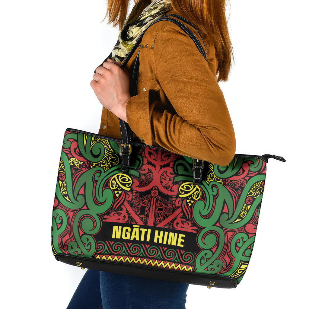 Aotearoa Iwi Ngati Hine Leather Tote Bag Maori Wharenui House Tribal Pattern