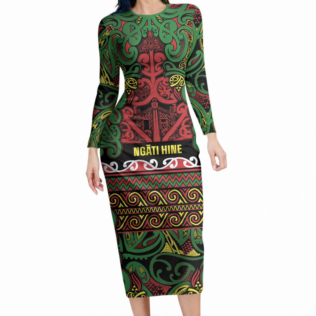 Aotearoa Iwi Ngati Hine Long Sleeve Bodycon Dress Maori Wharenui House Tribal Pattern