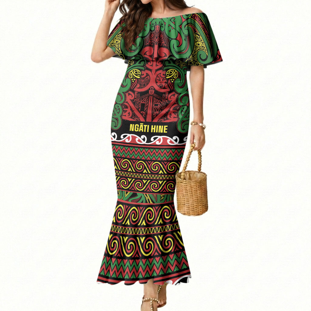 Aotearoa Iwi Ngati Hine Mermaid Dress Maori Wharenui House Tribal Pattern