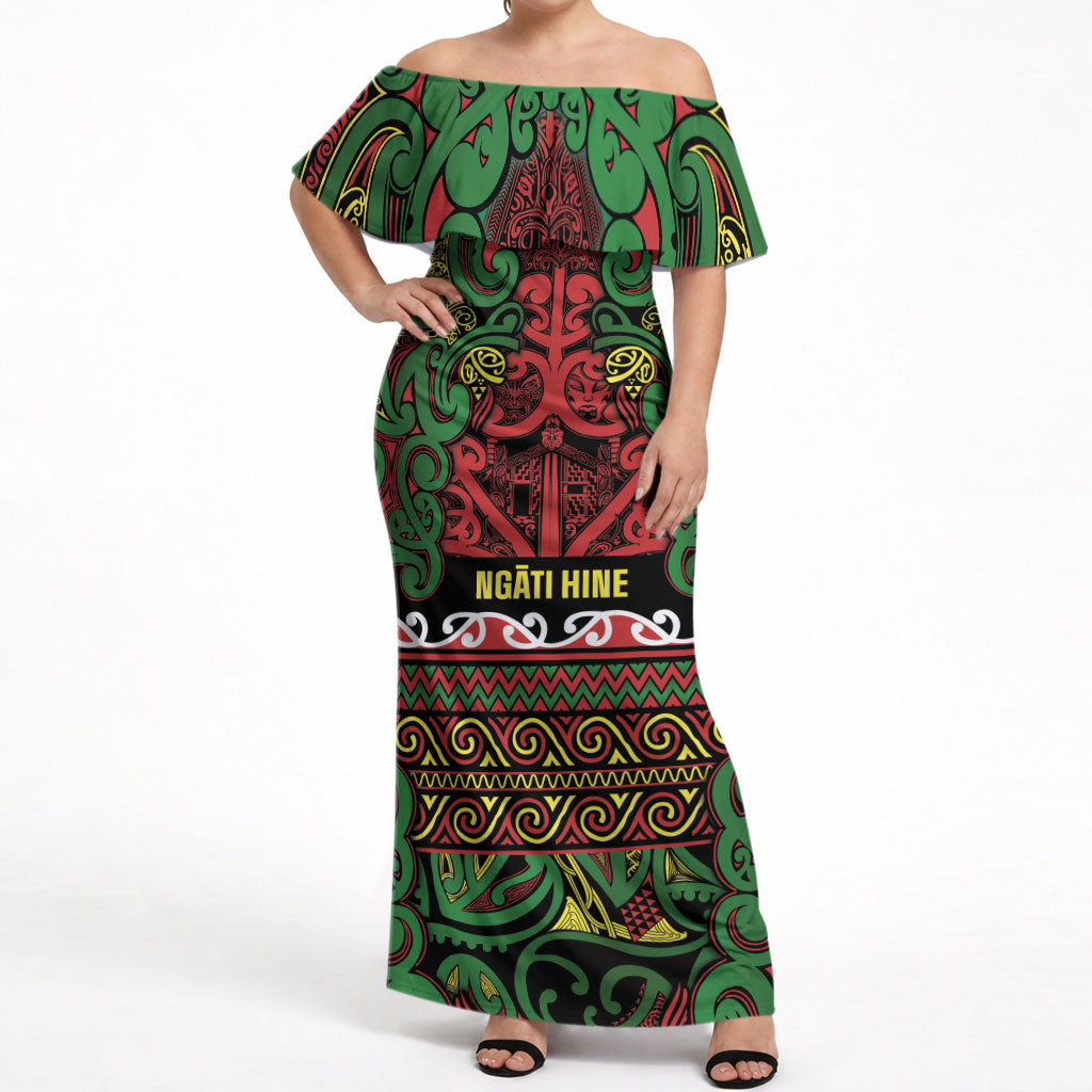 Aotearoa Iwi Ngati Hine Off Shoulder Maxi Dress Maori Wharenui House Tribal Pattern