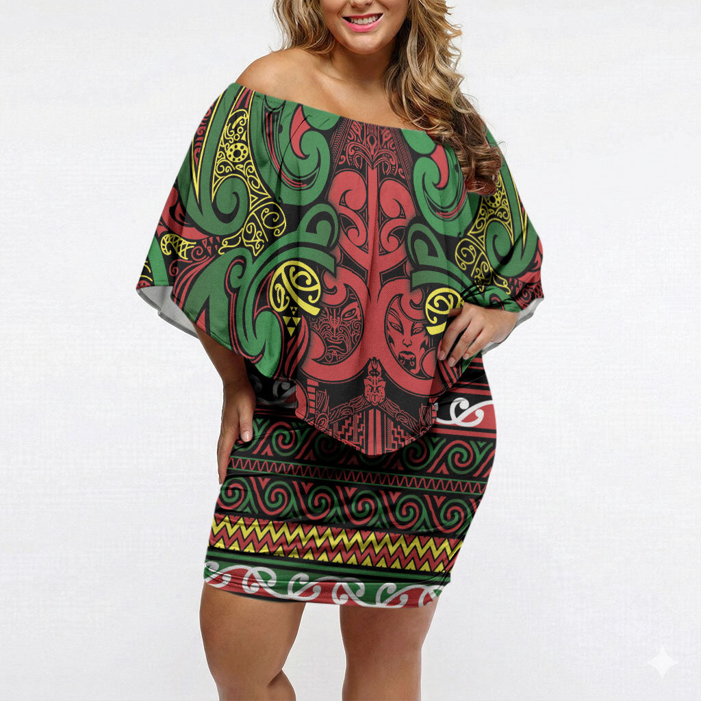 Aotearoa Iwi Ngati Hine Off Shoulder Short Dress Maori Wharenui House Tribal Pattern