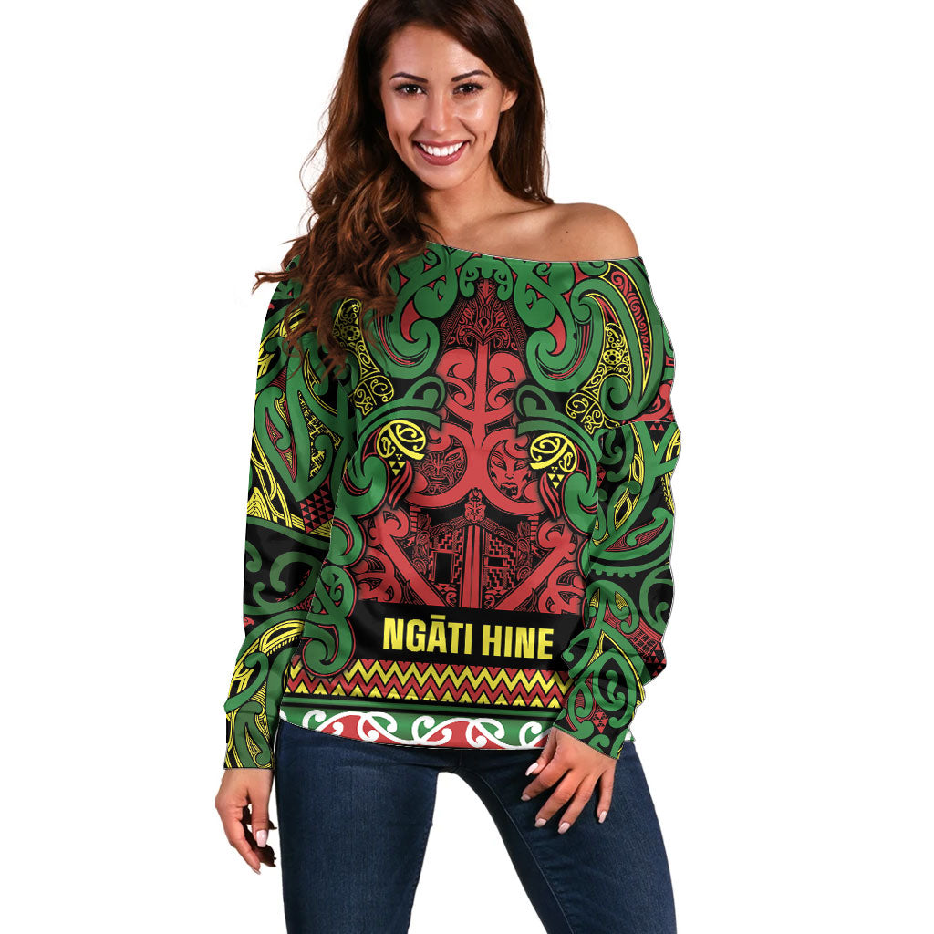 Aotearoa Iwi Ngati Hine Off Shoulder Sweater Maori Wharenui House Tribal Pattern