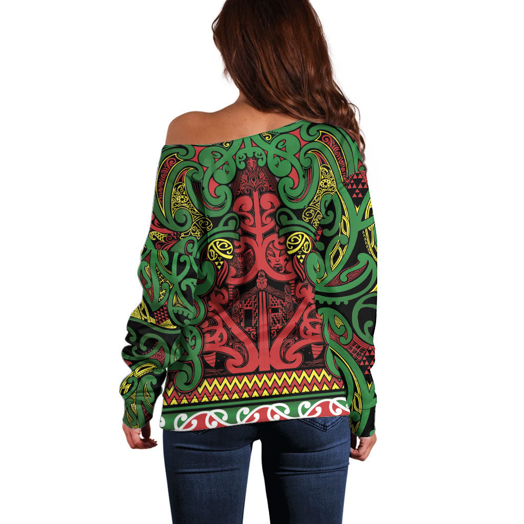 Aotearoa Iwi Ngati Hine Off Shoulder Sweater Maori Wharenui House Tribal Pattern