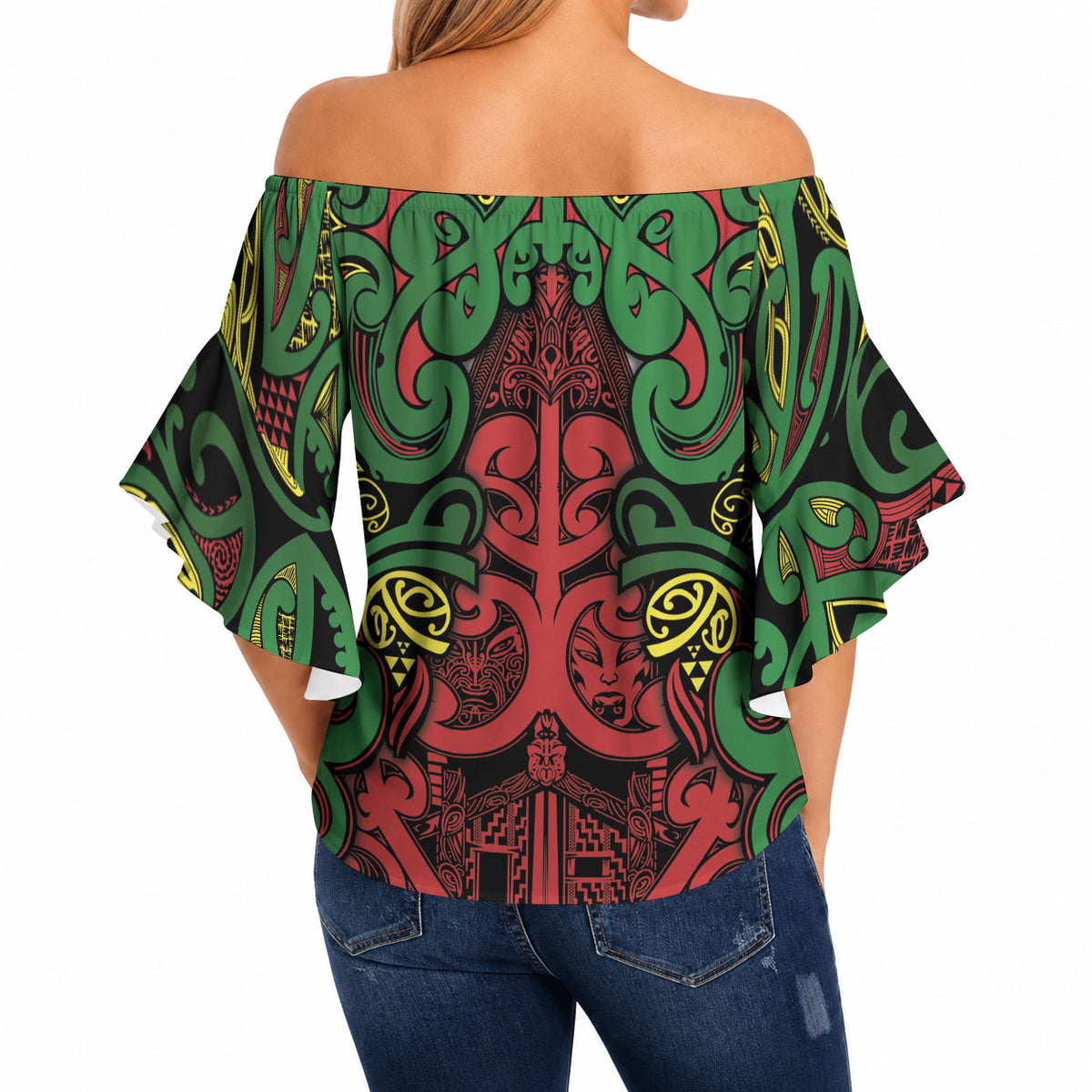 Aotearoa Iwi Ngati Hine Off Shoulder Wrap Waist Top Maori Wharenui House Tribal Pattern