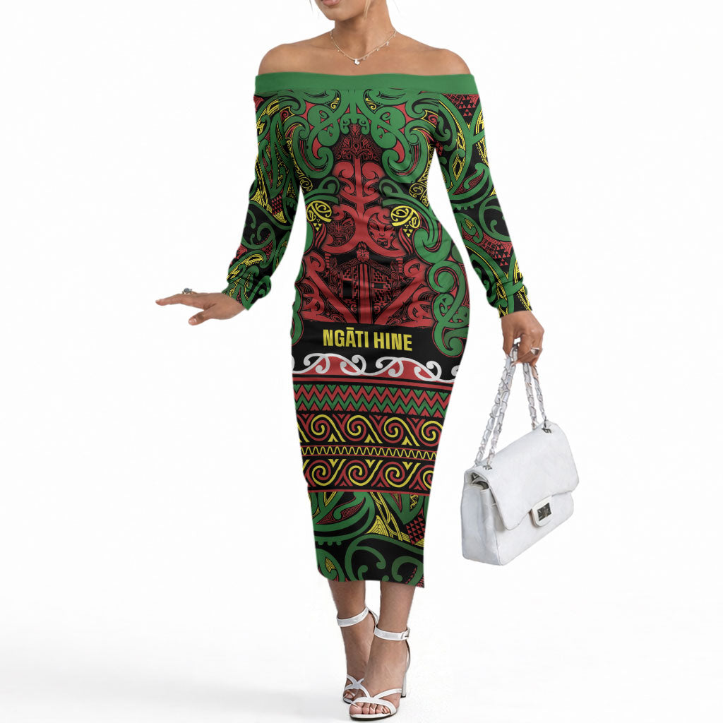 Aotearoa Iwi Ngati Hine Off The Shoulder Long Sleeve Dress Maori Wharenui House Tribal Pattern