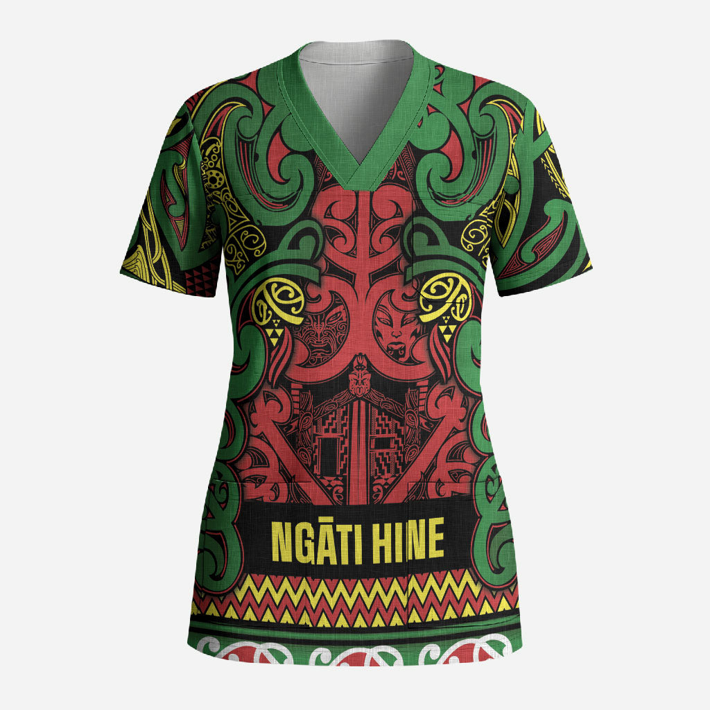 Aotearoa Iwi Ngati Hine Scrub Top Maori Wharenui House Tribal Pattern
