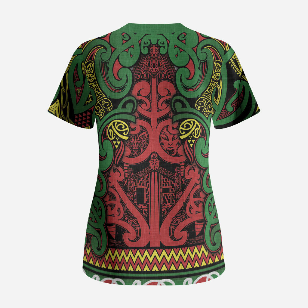 Aotearoa Iwi Ngati Hine Scrub Top Maori Wharenui House Tribal Pattern