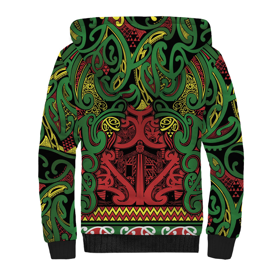 Aotearoa Iwi Ngati Hine Sherpa Hoodie Maori Wharenui House Tribal Pattern