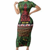 Aotearoa Iwi Ngati Hine Short Sleeve Bodycon Dress Maori Wharenui House Tribal Pattern