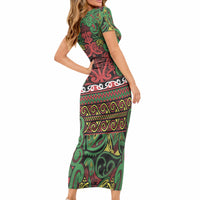 Aotearoa Iwi Ngati Hine Short Sleeve Bodycon Dress Maori Wharenui House Tribal Pattern