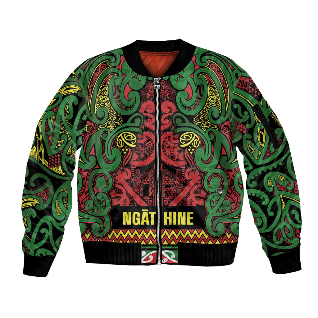 Aotearoa Iwi Ngati Hine Sleeve Zip Bomber Jacket Maori Wharenui House Tribal Pattern