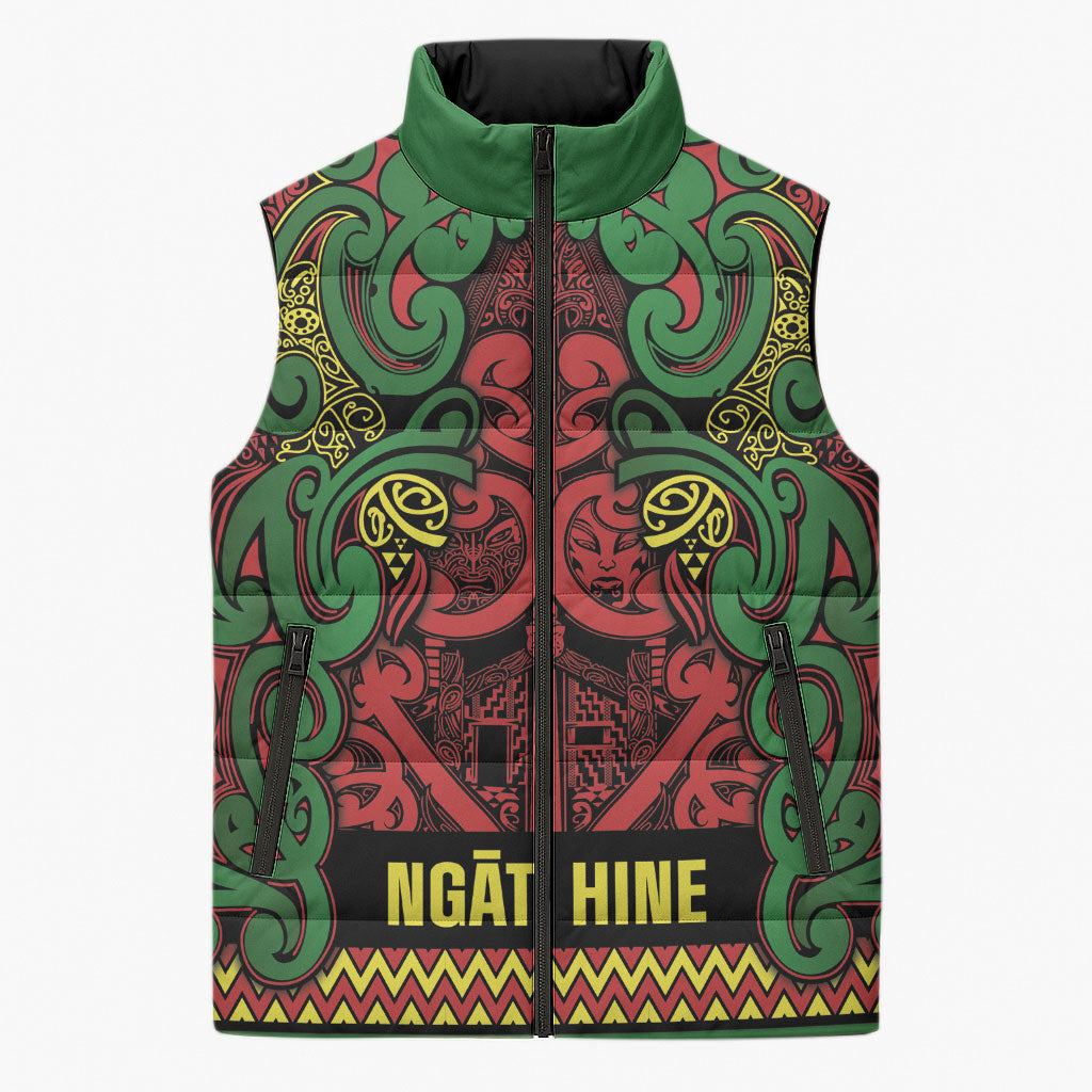 Aotearoa Iwi Ngati Hine Sleeveless Puffer Jacket Maori Wharenui House Tribal Pattern