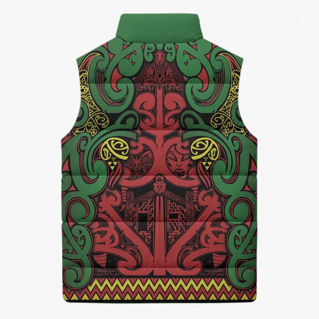 Aotearoa Iwi Ngati Hine Sleeveless Puffer Jacket Maori Wharenui House Tribal Pattern