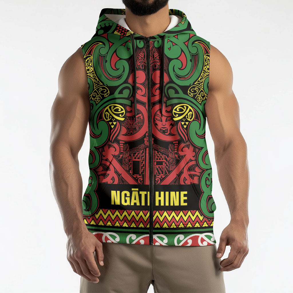 Aotearoa Iwi Ngati Hine Sleeveless Zip Hoodie Maori Wharenui House Tribal Pattern