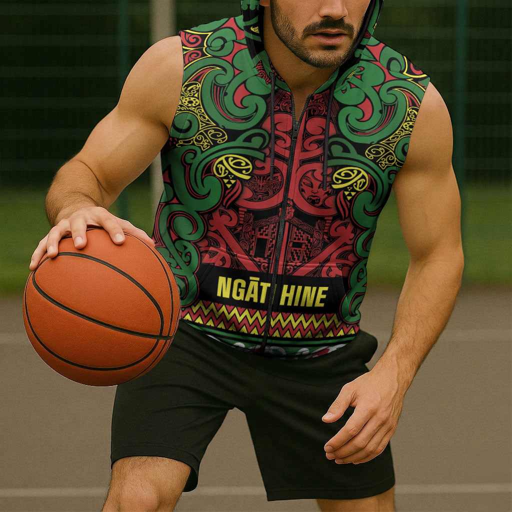 Aotearoa Iwi Ngati Hine Sleeveless Zip Hoodie Maori Wharenui House Tribal Pattern