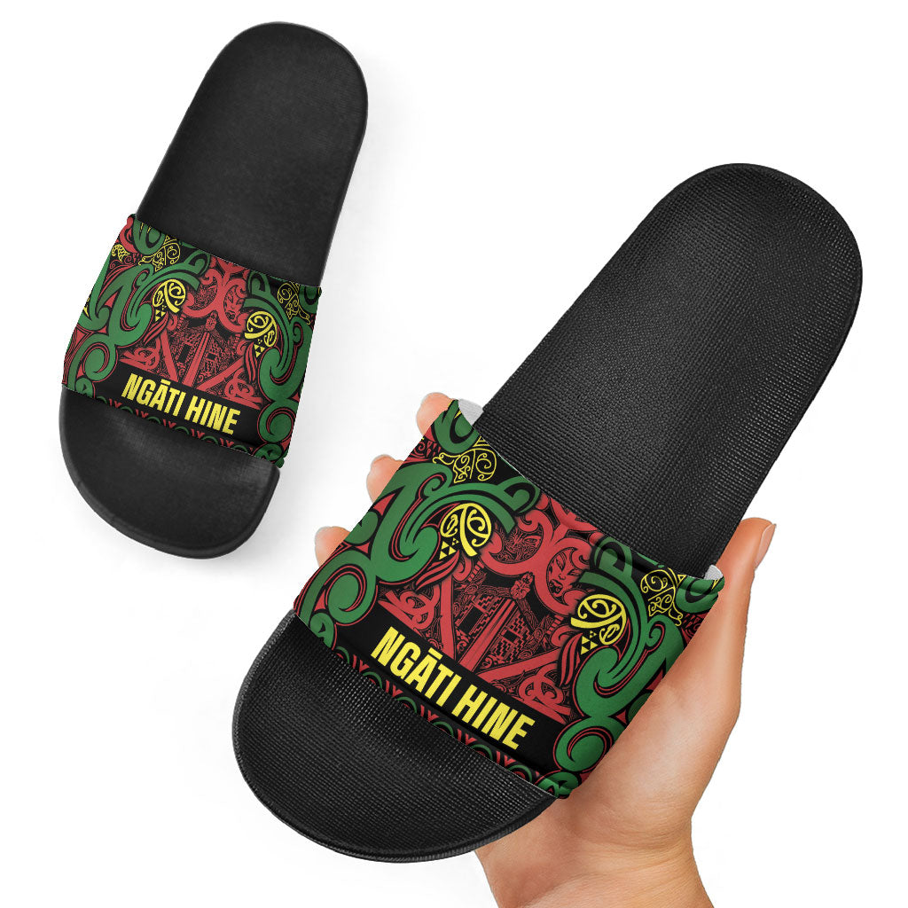 Aotearoa Iwi Ngati Hine Slide Sandals Maori Wharenui House Tribal Pattern