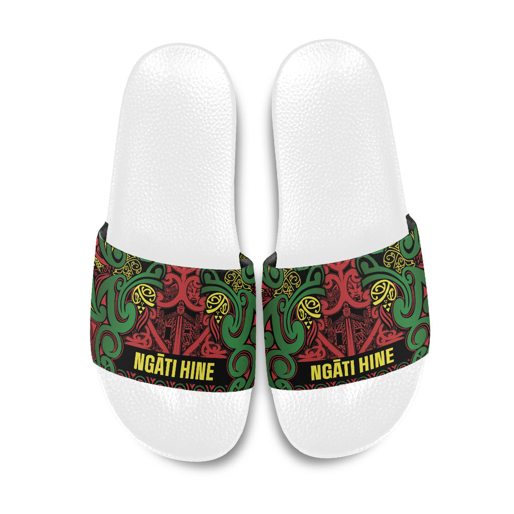 Aotearoa Iwi Ngati Hine Slide Sandals Maori Wharenui House Tribal Pattern
