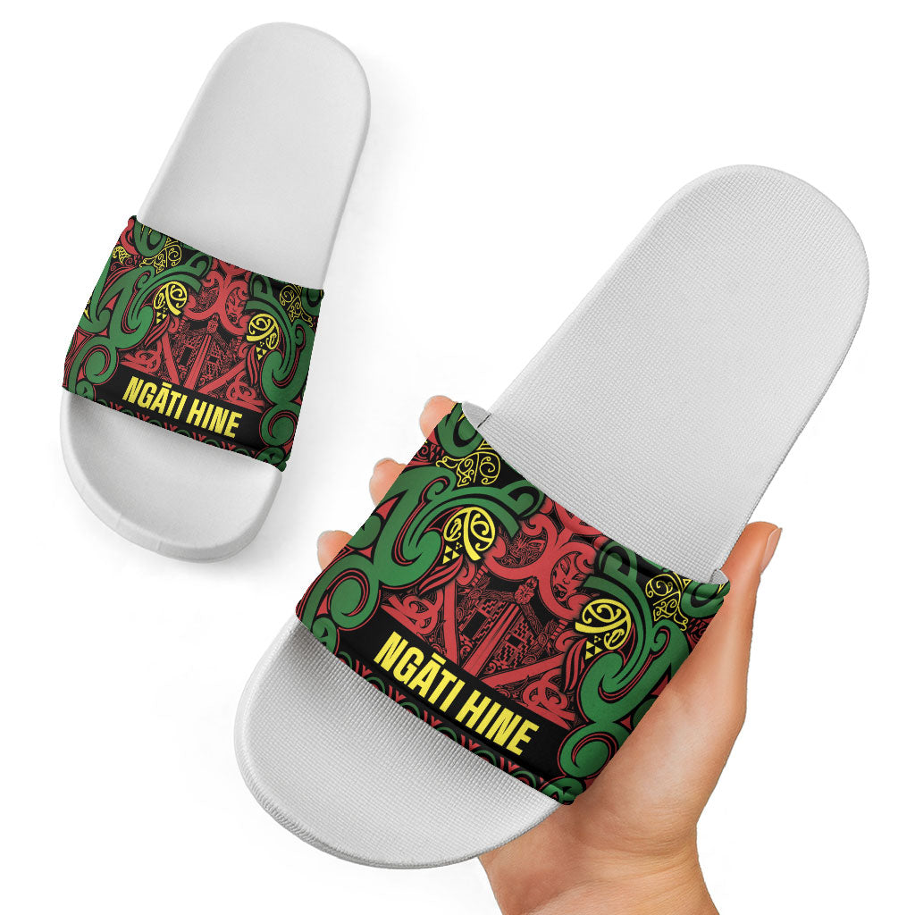 Aotearoa Iwi Ngati Hine Slide Sandals Maori Wharenui House Tribal Pattern