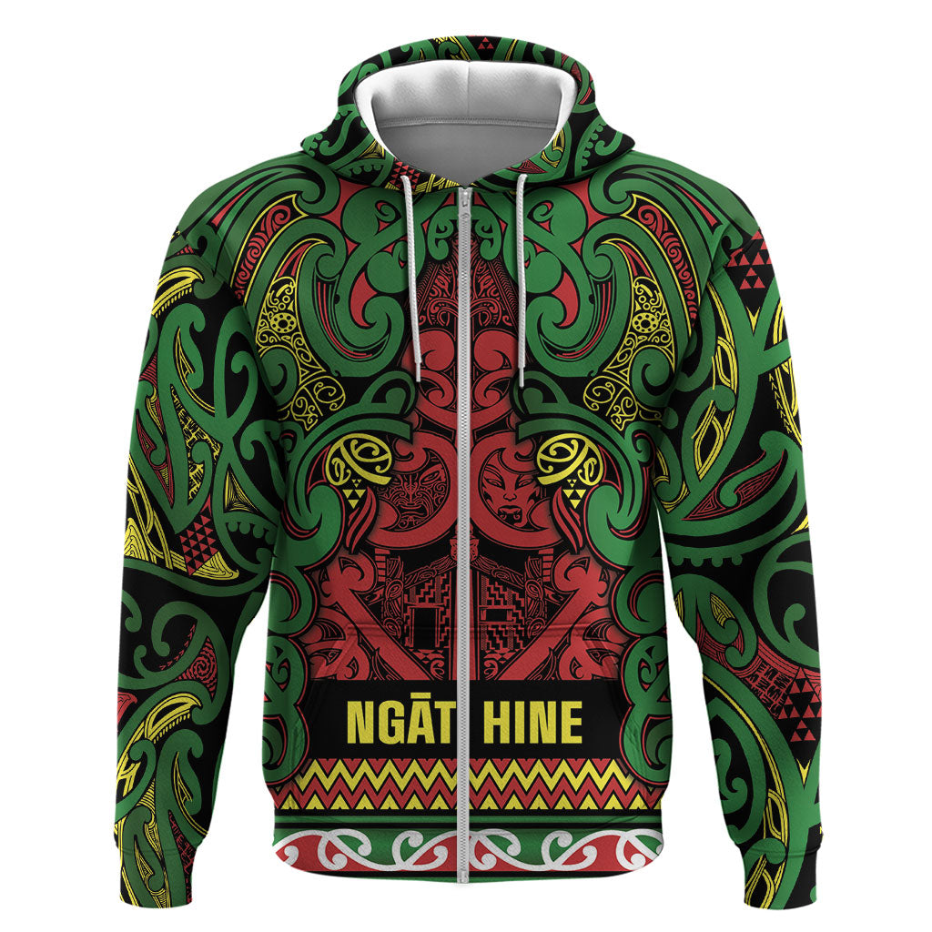 Aotearoa Iwi Ngati Hine Zip Hoodie Maori Wharenui House Tribal Pattern LT9 Zip Hoodie Deep Green - Polynesian Pride