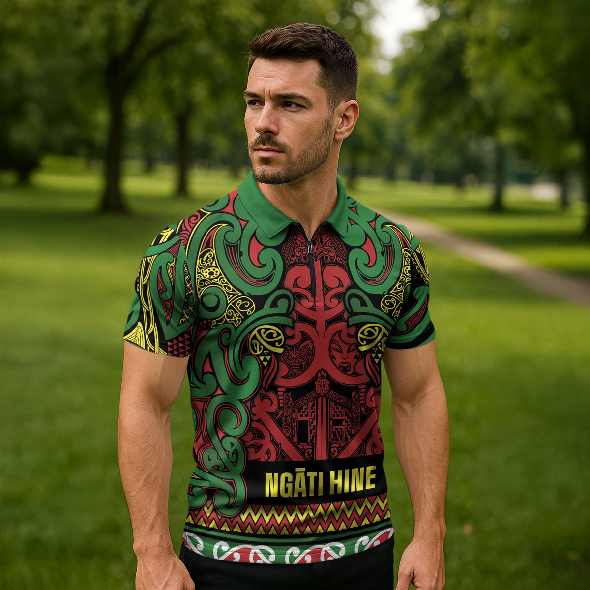 Aotearoa Iwi Ngati Hine Zipper Polo Shirt Maori Wharenui House Tribal Pattern