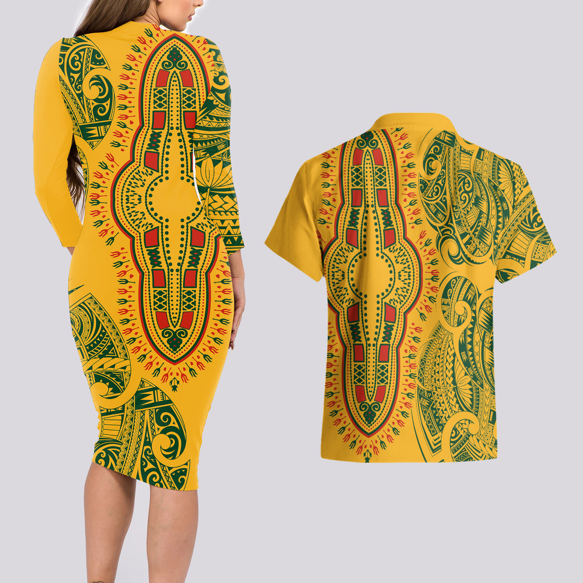 Africa Dashiki Couples Matching Long Sleeve Bodycon Dress and Hawaiian Shirt African Tribal Art Mixed Polynesian Tattoo Gold Color Unique LT9 - Polynesian Pride