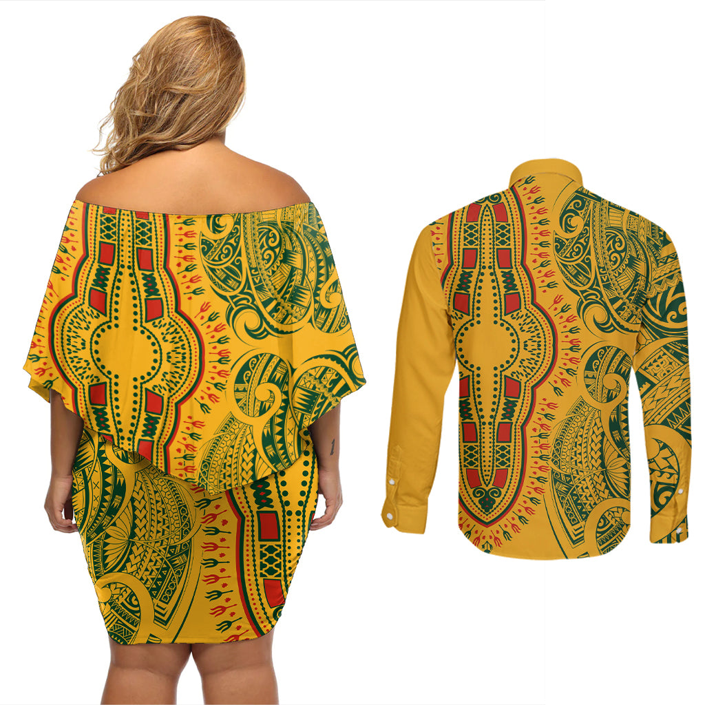 Africa Dashiki Couples Matching Off Shoulder Short Dress and Long Sleeve Button Shirts African Tribal Art Mixed Polynesian Tattoo Gold Color Unique LT9 - Polynesian Pride