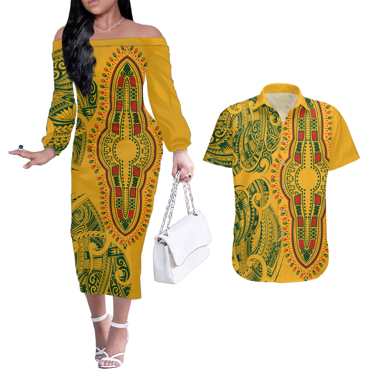 Africa Dashiki Couples Matching Off The Shoulder Long Sleeve Dress and - Polynesian Pride Africa Dashiki Couples Matching Off The Shoulder Long Sleeve Dress and - Polynesian Pride