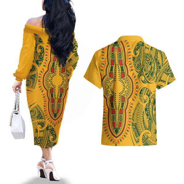 African Dashiki and Polynesian Pattern Short Sleeve Bodycon Dress Gold LT9