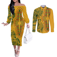 Africa Dashiki Couples Matching Off The Shoulder Long Sleeve Dress and Long Sleeve Button Shirts African Tribal Art Mixed Polynesian Tattoo Gold Color Unique LT9 Gold - Polynesian Pride