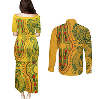 Africa Dashiki Couples Matching Puletasi Dress and Long Sleeve Button Shirts African Tribal Art Mixed Polynesian Tattoo Gold Color Unique LT9 - Polynesian Pride